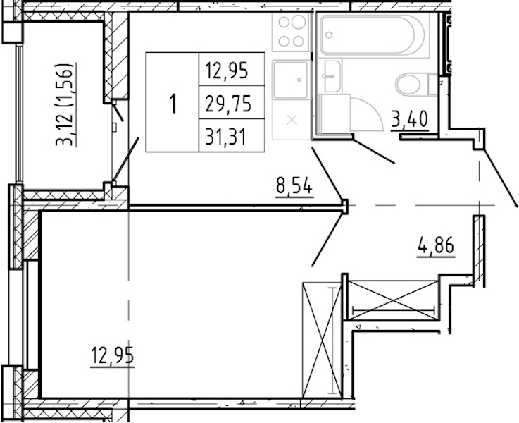 1-комнатная квартира 29.75 м², 11/12 эт., ЖК «Полис Новоселье»